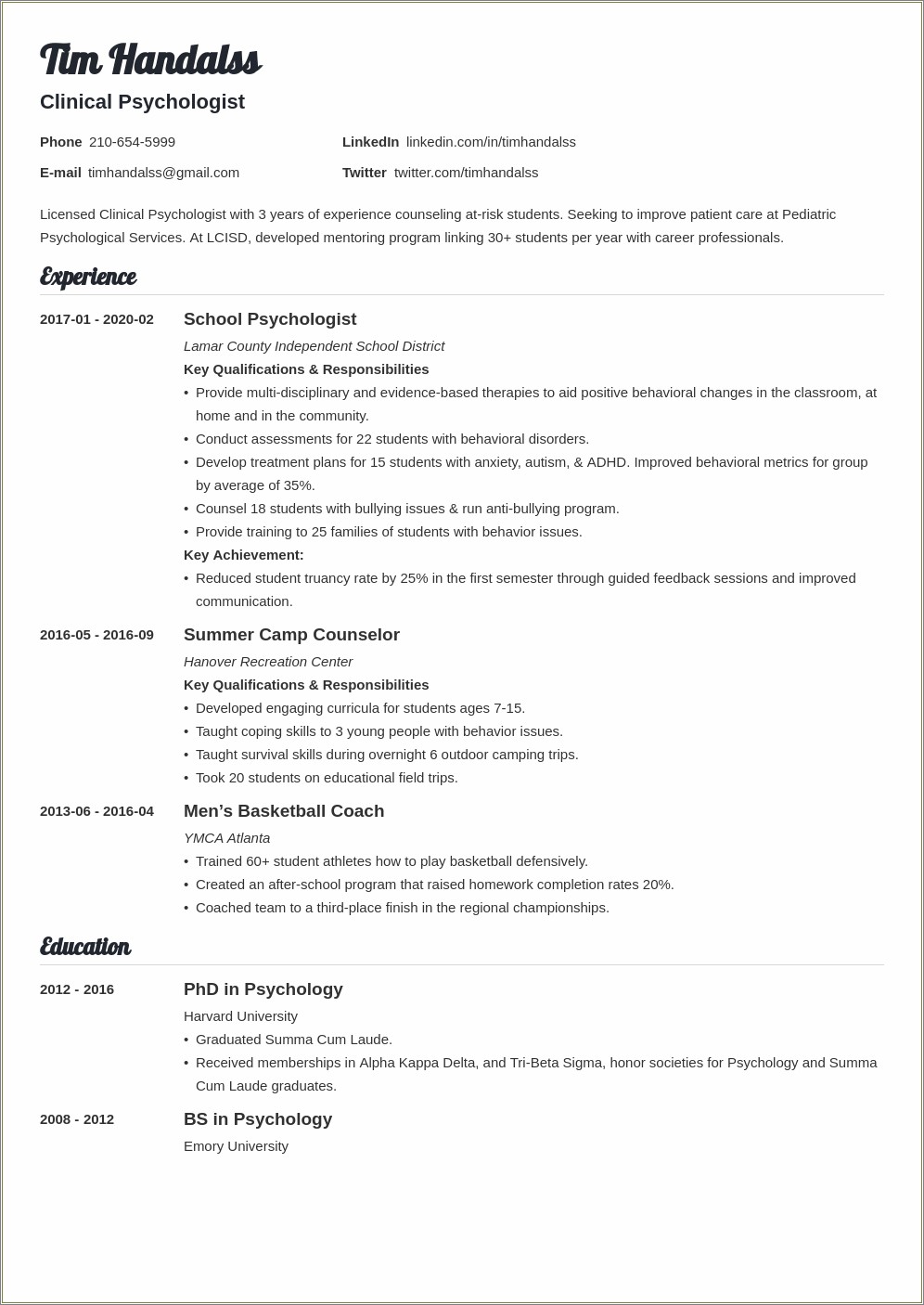 Sample Resume For Bachelor Degree In Psychology