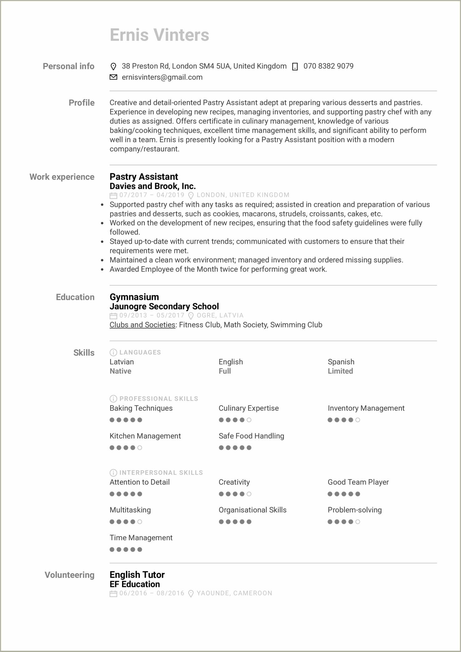 Sample Resume For Baking And Pastry