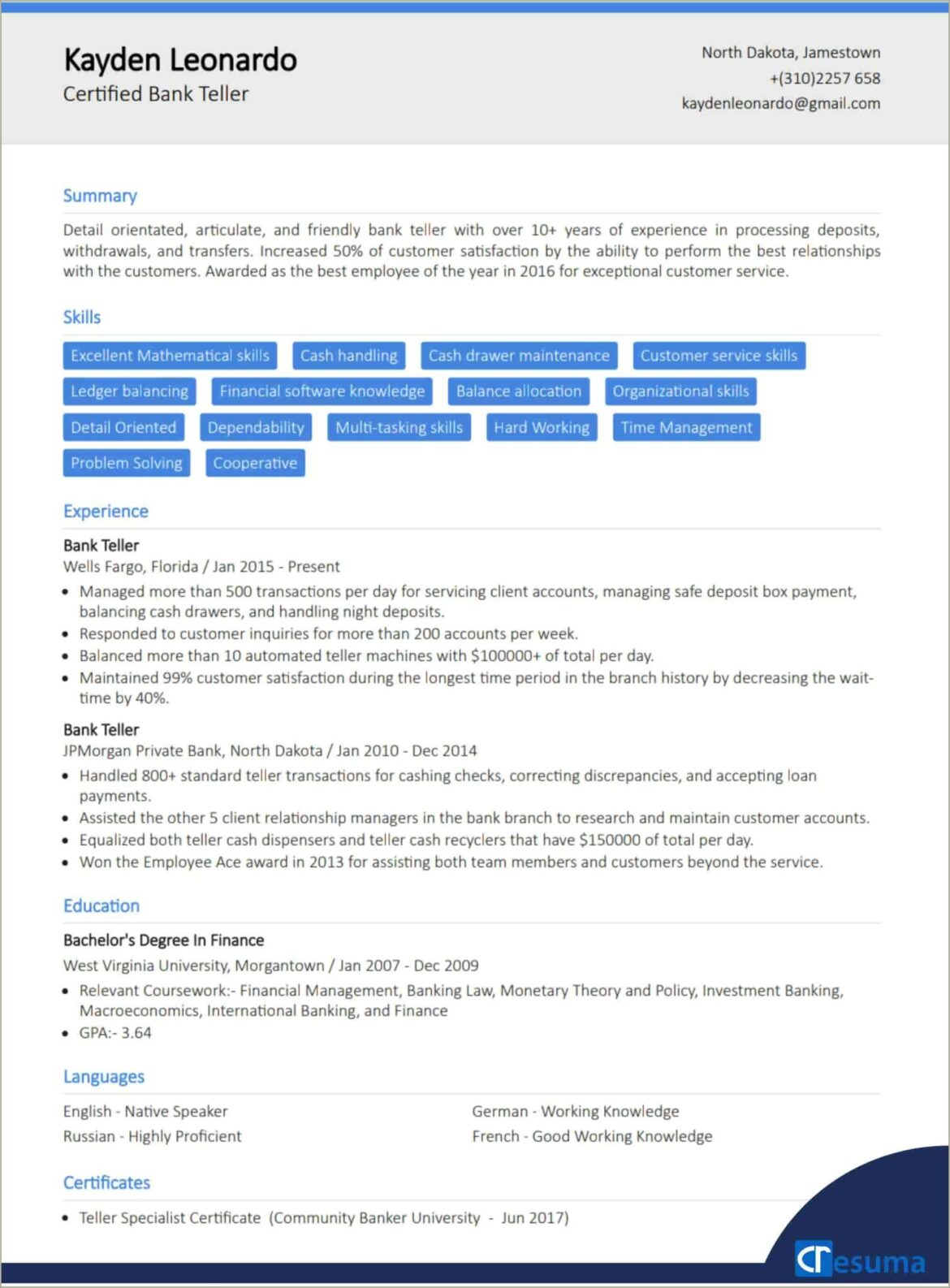 Sample Resume For Bank Teller In Canada