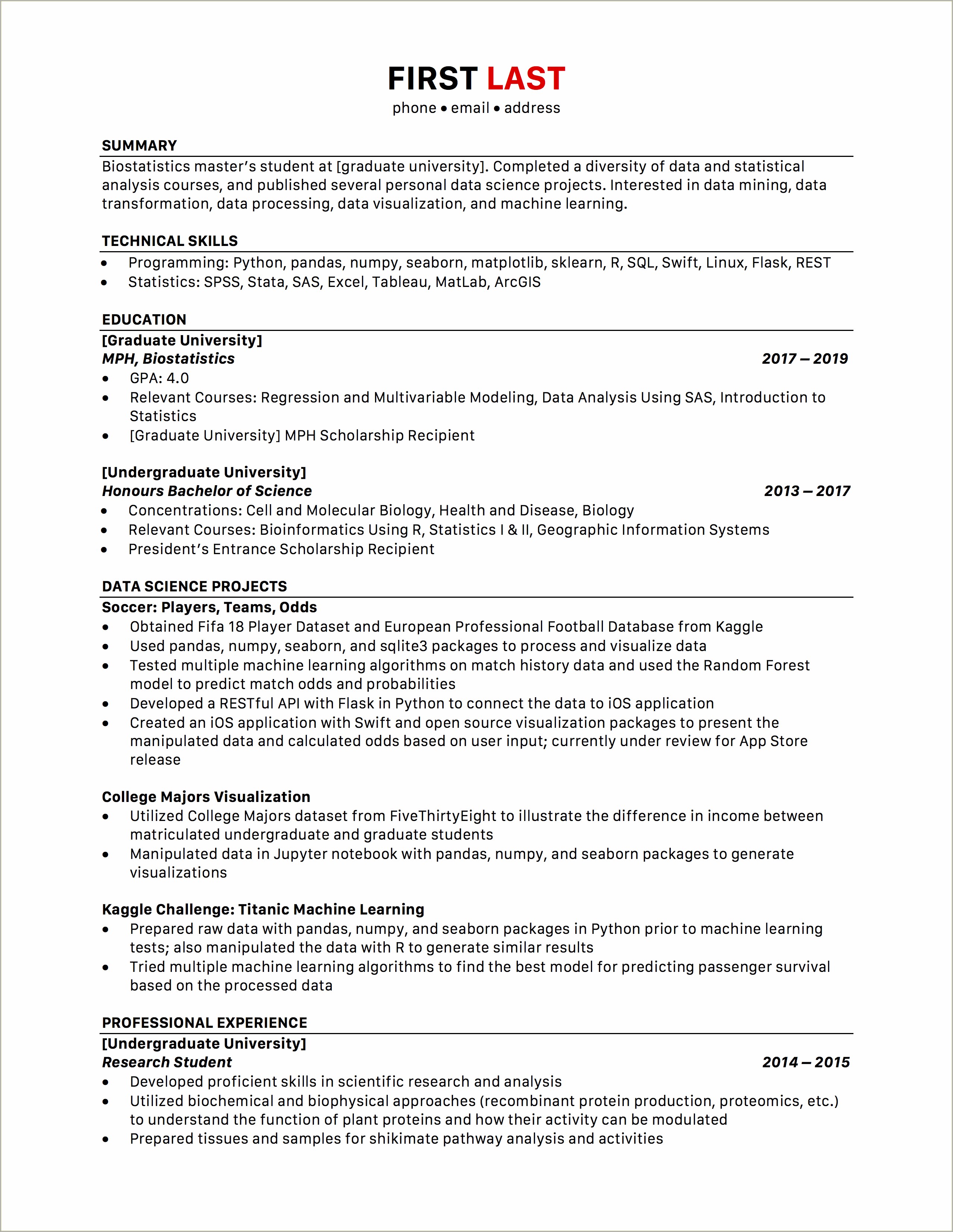 Sample Resume For Bioinformatics College Student
