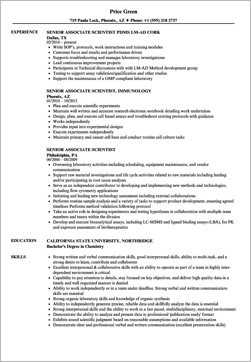 Sample Resume For Biotech Purification Senior Associates