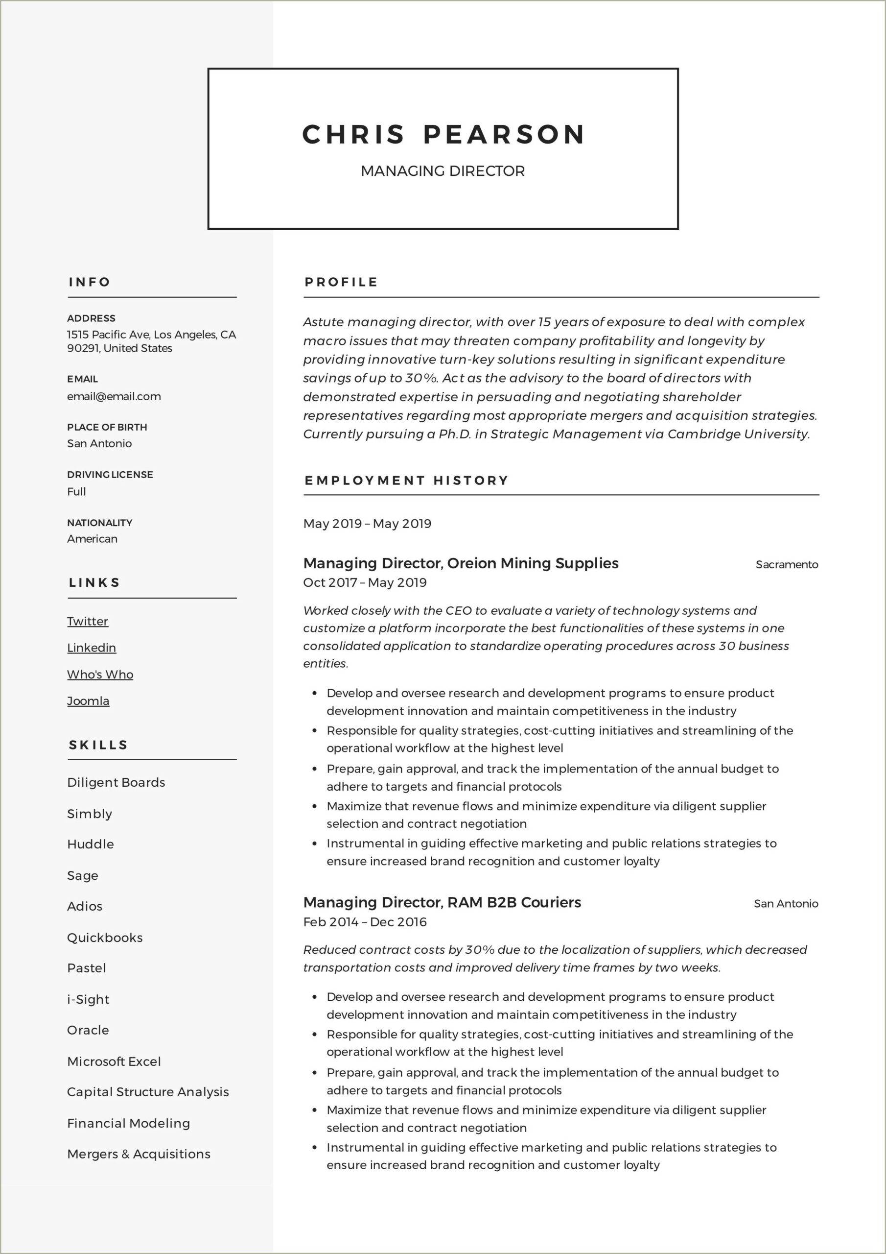 Sample Resume For Board Of Directors Positions