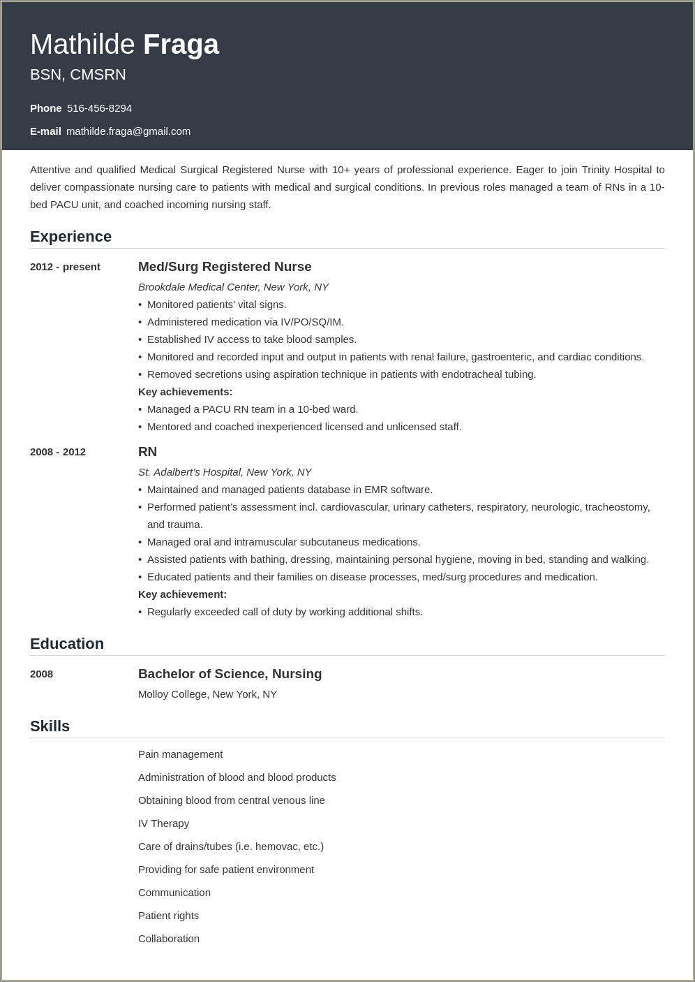 Sample Resume For Bsn Nurse Med Surgical