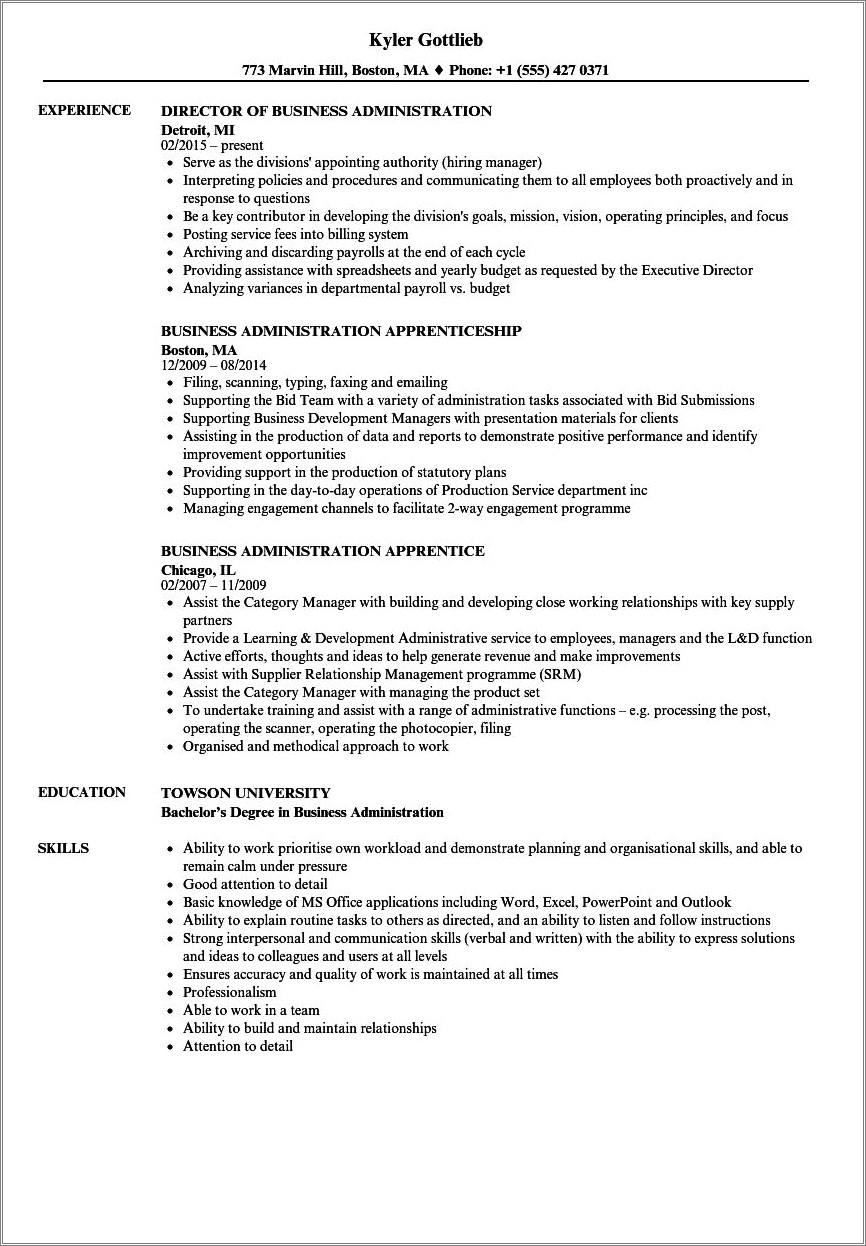 Sample Resume For Business Administration Student