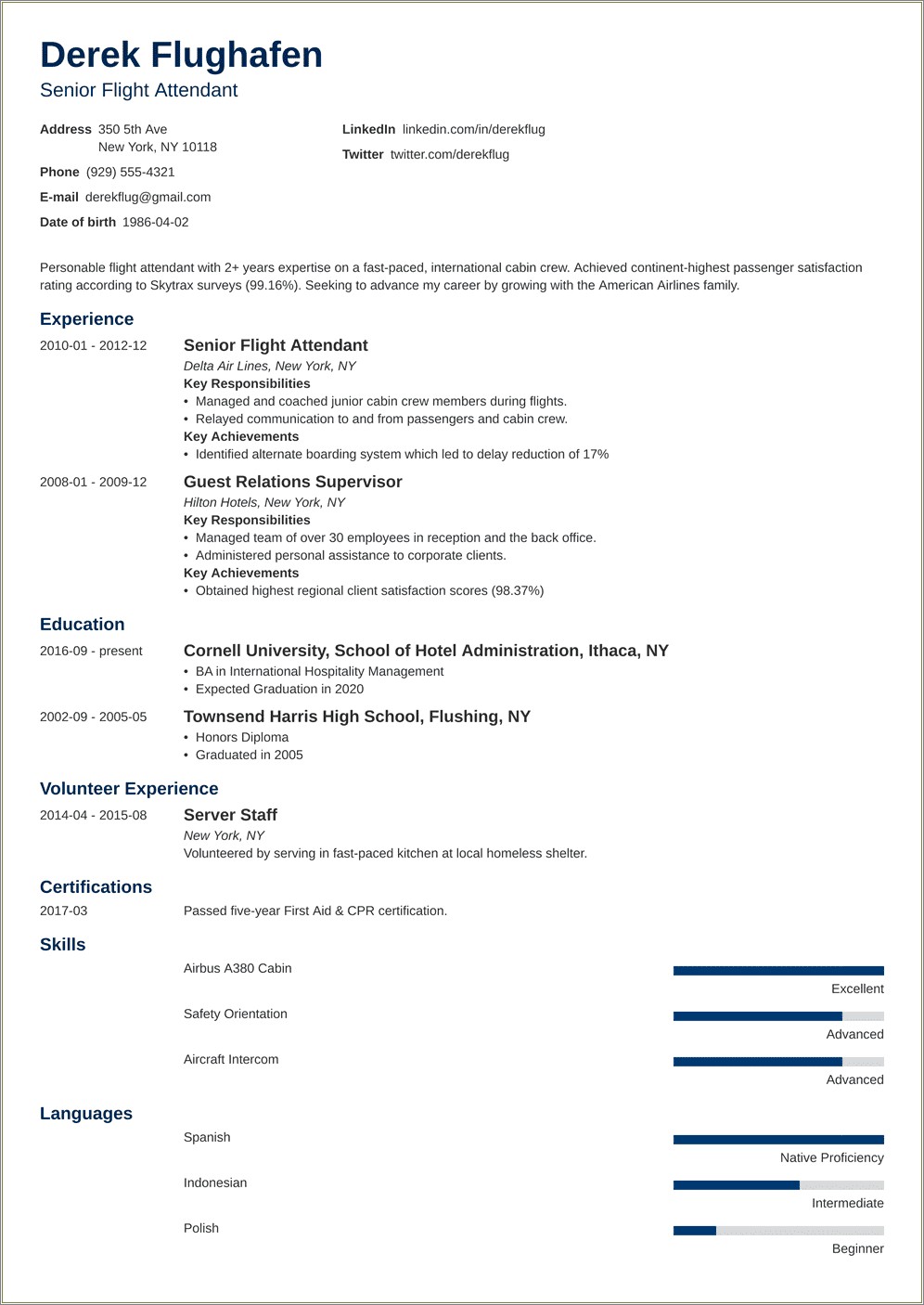Sample Resume For Cabin Crew With Experience