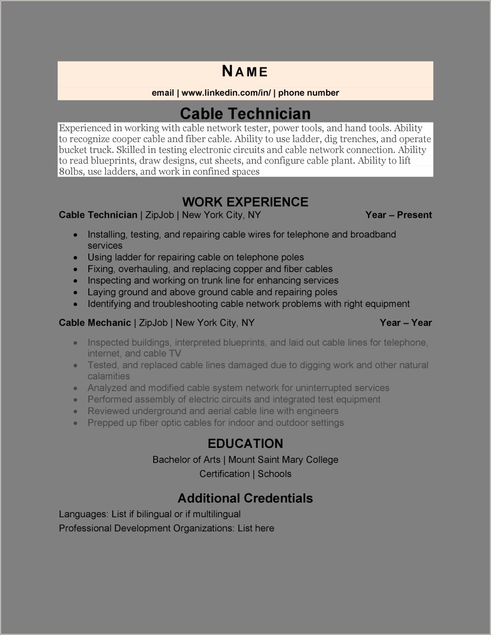 Sample Resume For Cable Installation Technician