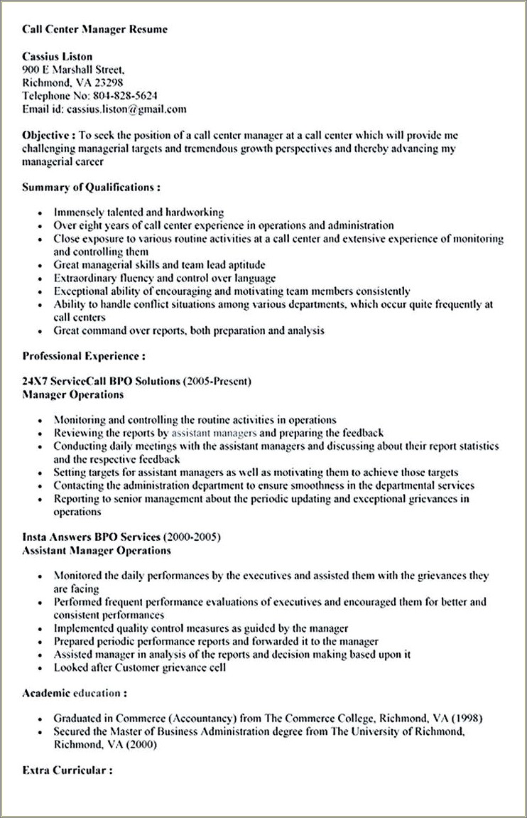 Sample Resume For Call Center Job Without Experience