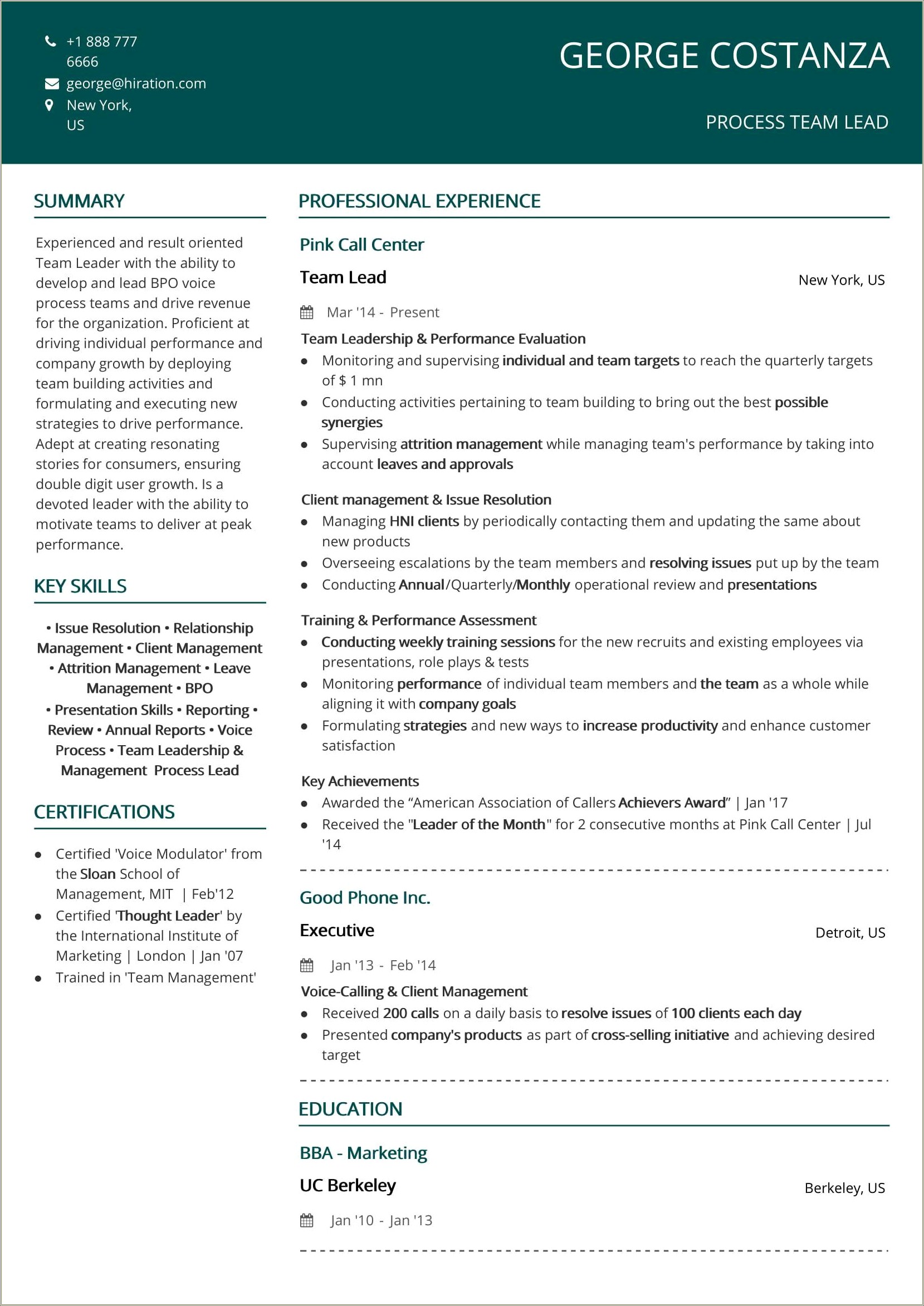 Sample Resume For Call Center Without Experience