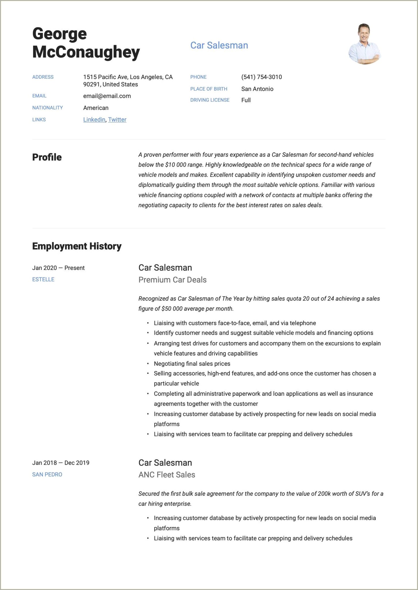 Sample Resume For Car Sales Agent