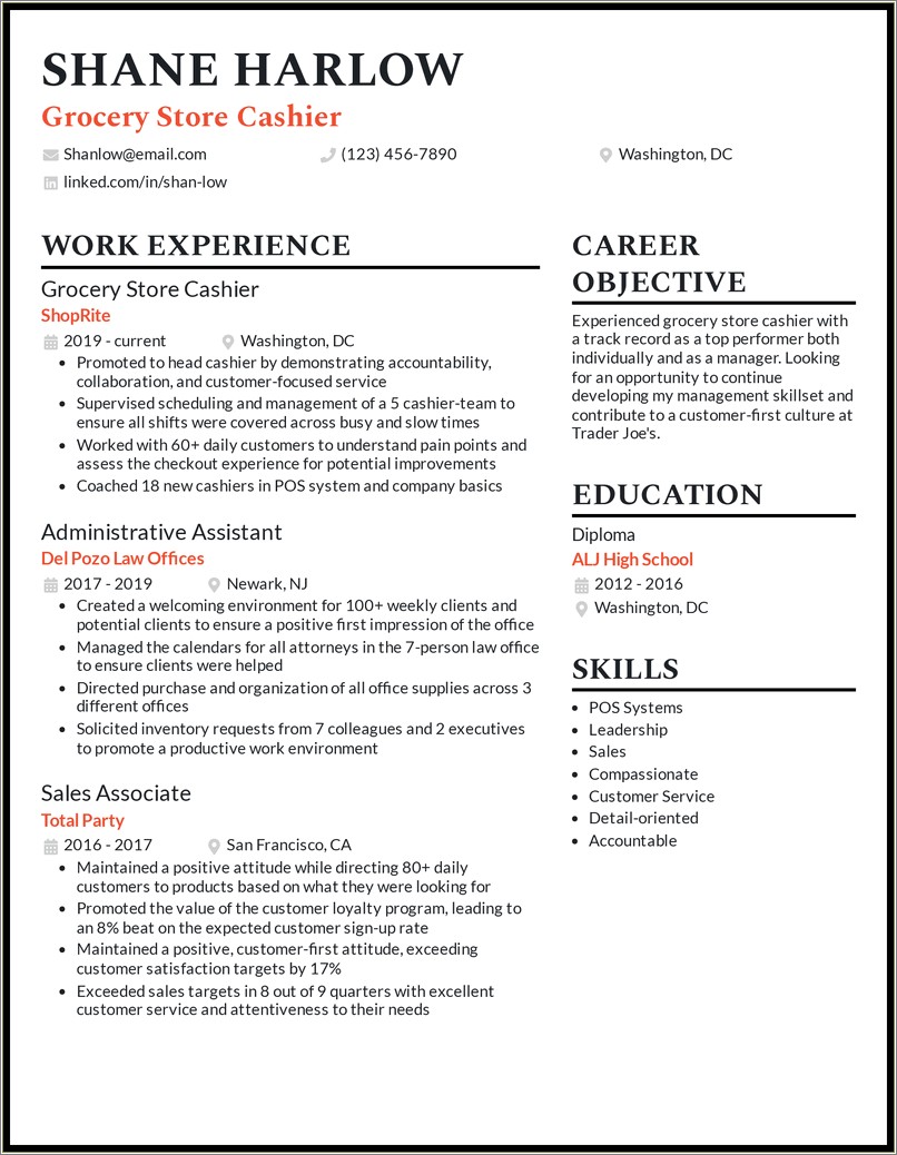 Sample Resume For Cashier Job In Canada