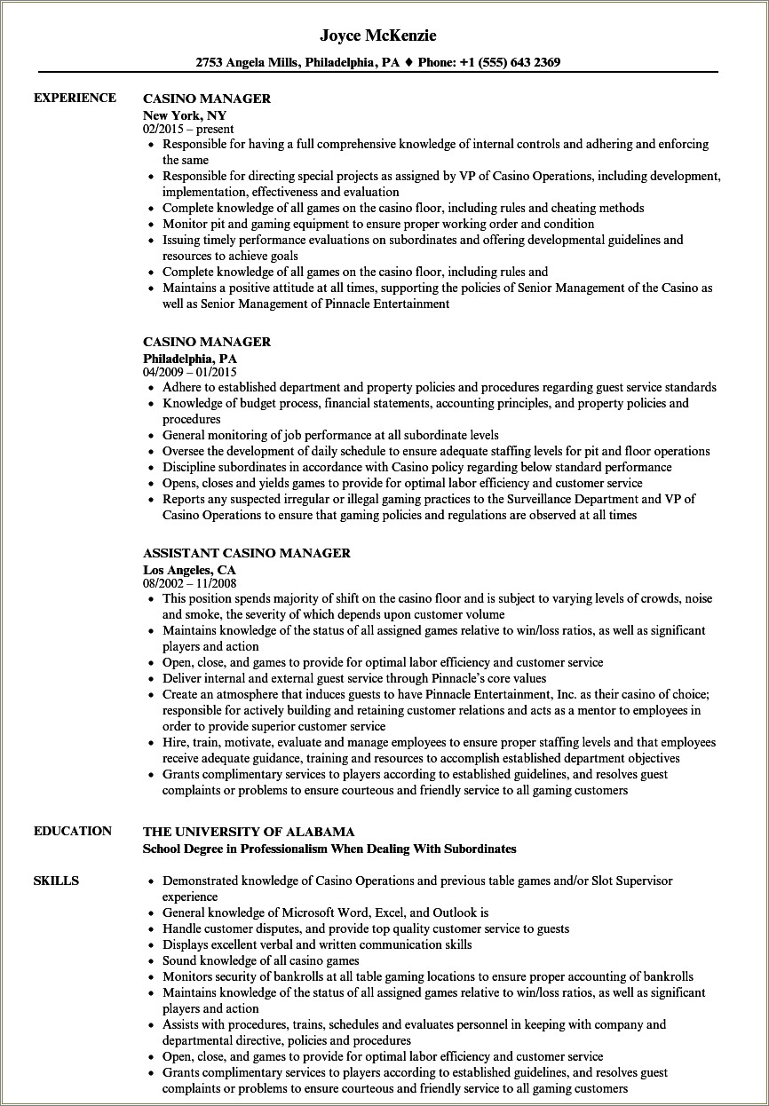 Sample Resume For Casino Pit Supervisor