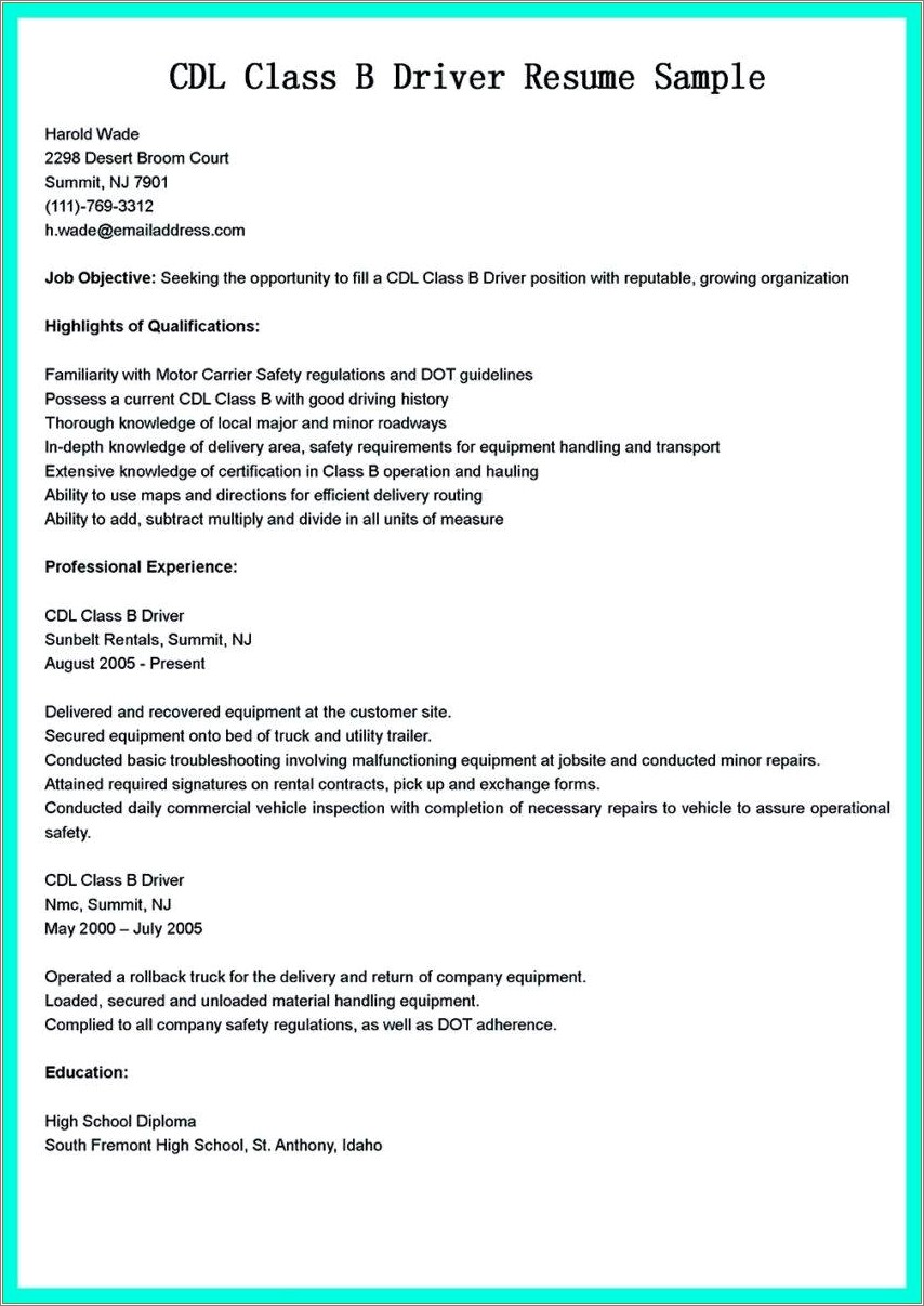 Sample Resume For Cdl Class A