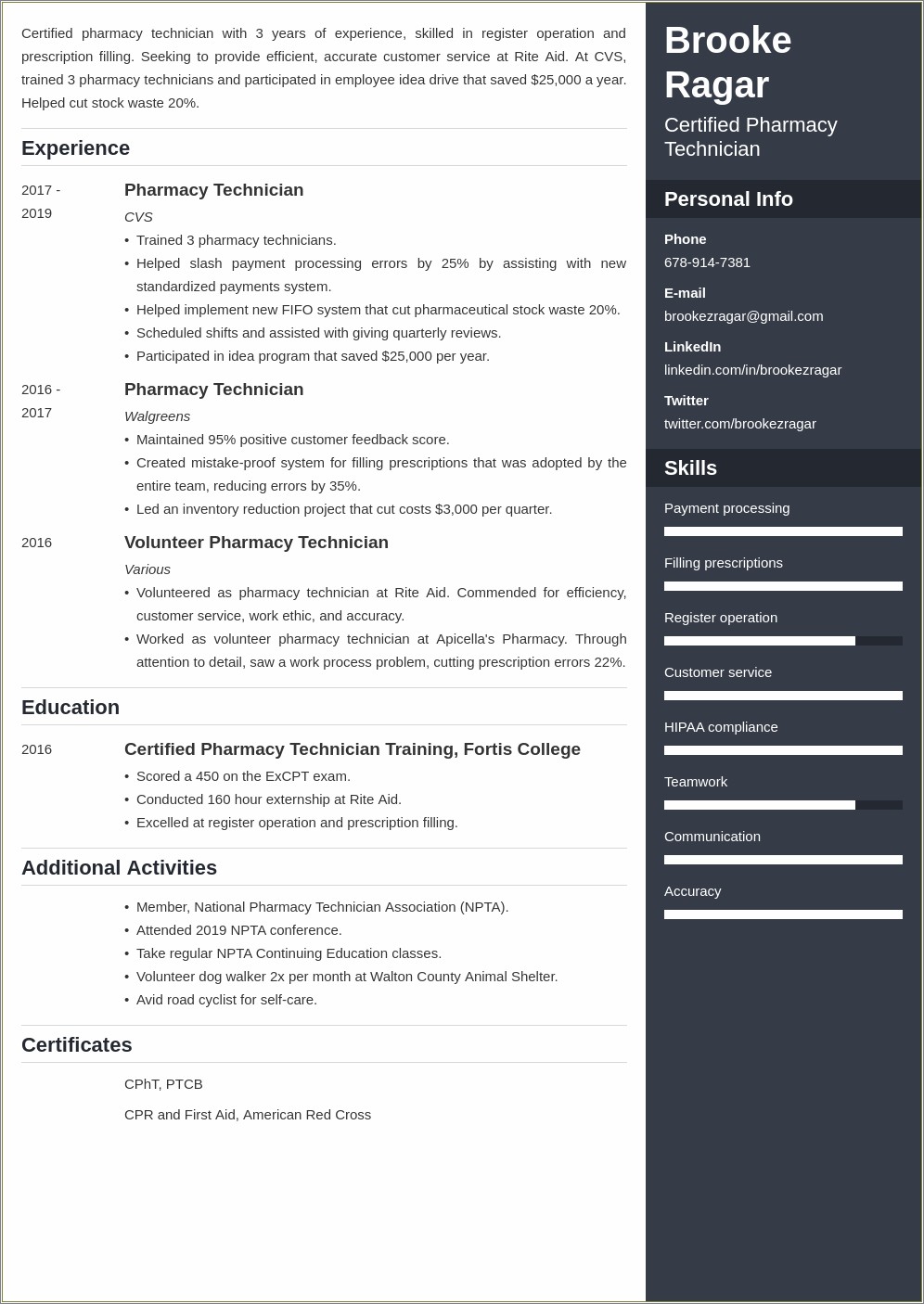 Sample Resume For Certified Pharmacy Technician