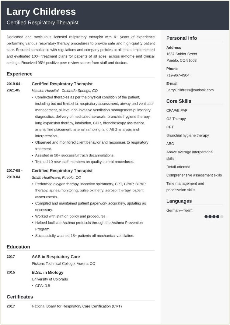 Sample Resume For Certified Respiratory Therapist