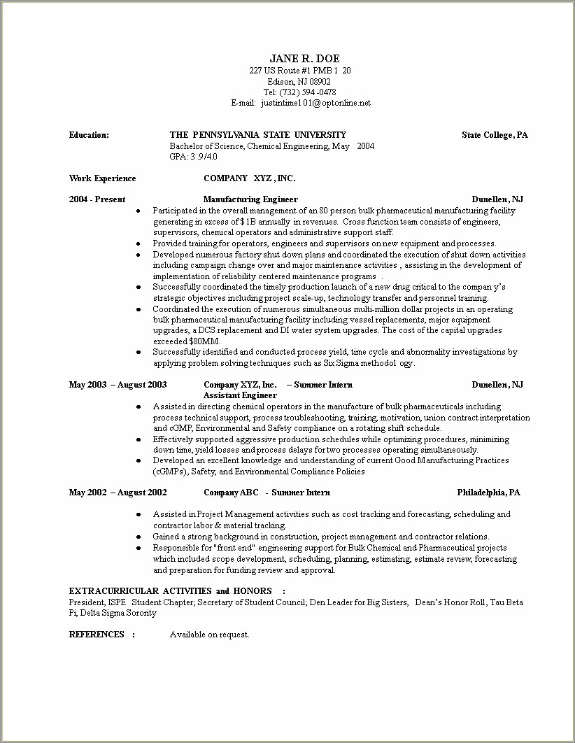Sample Resume For Chemical Engineering Fresh Graduate