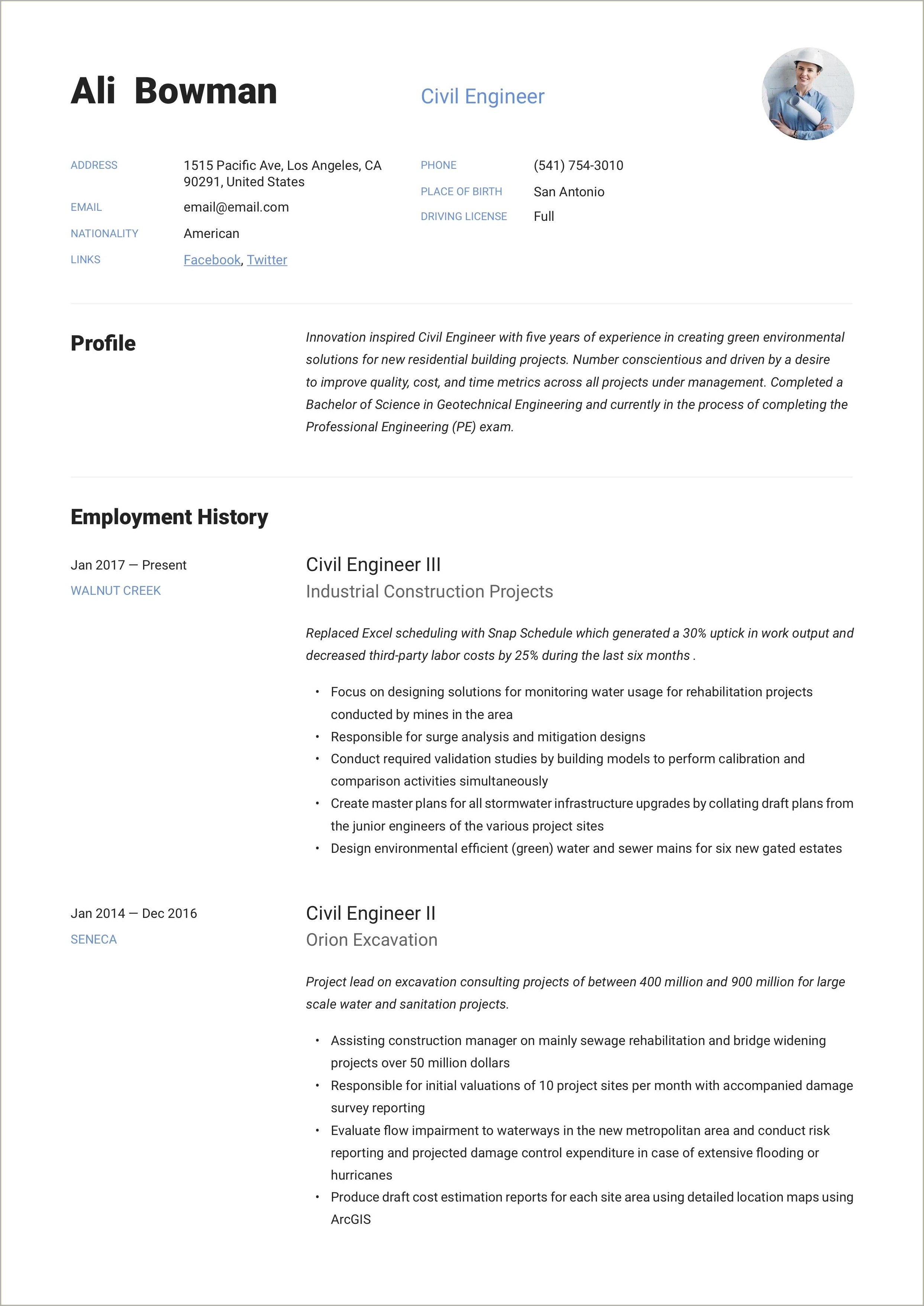 Sample Resume For Civil Construction Manager