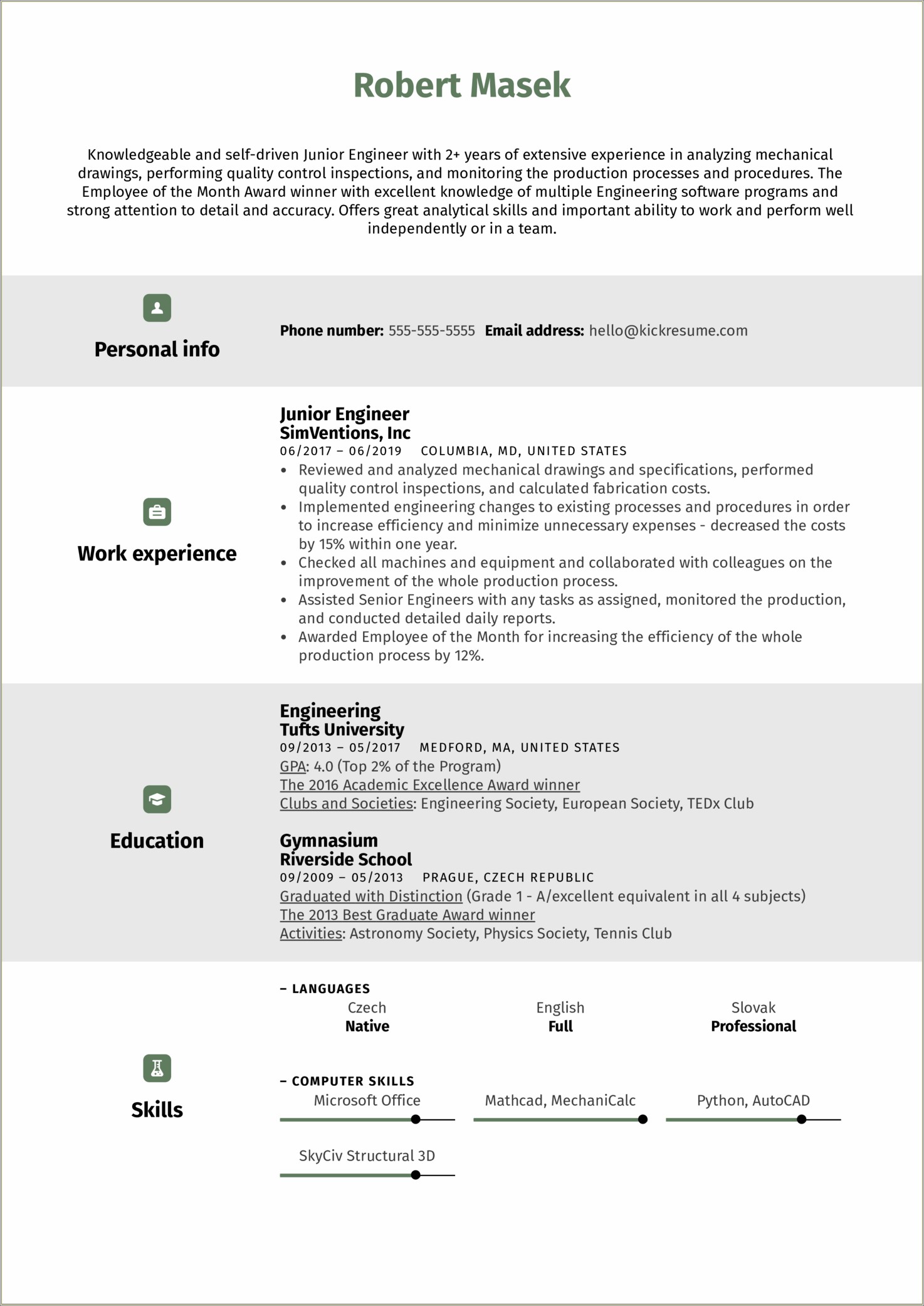 Sample Resume For Civil Engineering Student