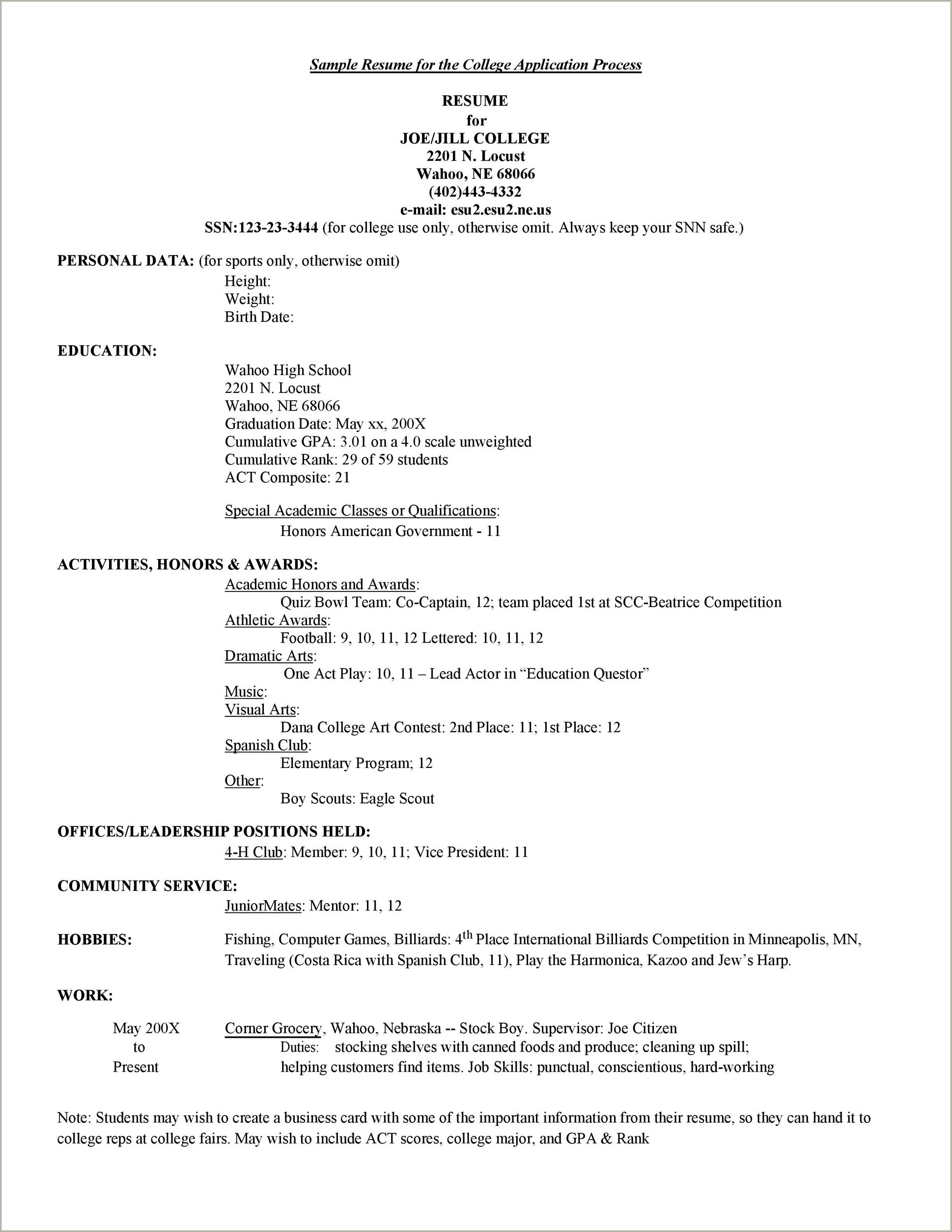 Sample Resume For Class 12 Student