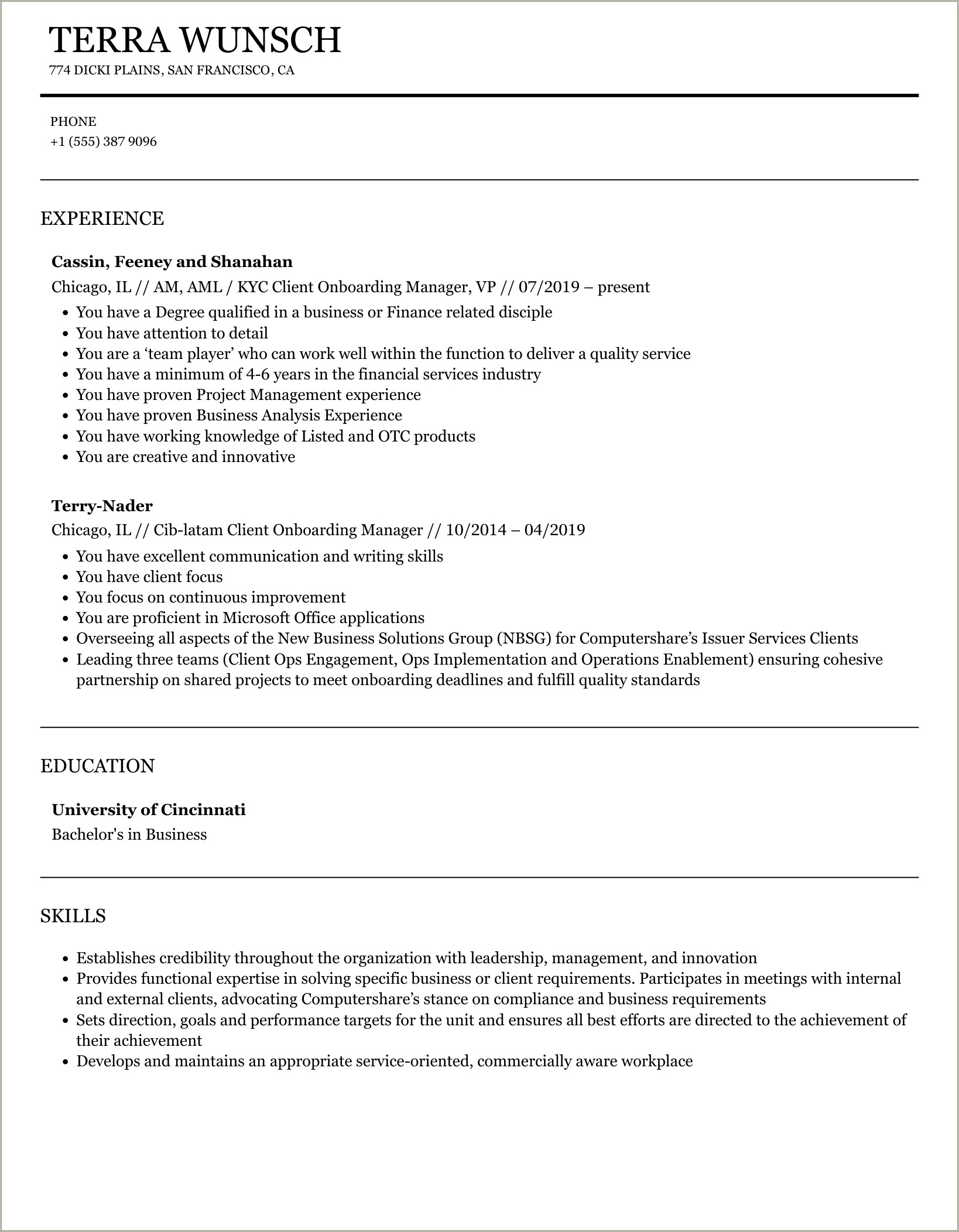 Sample Resume For Client Onboarding Specialist