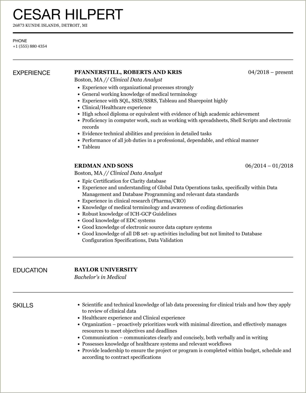 Sample Resume For Clinical Data Analyst