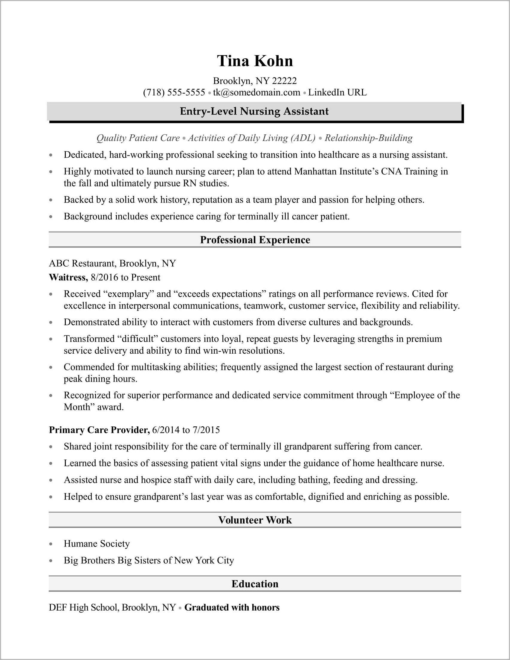 Sample Resume For Cna With No Previous Experience