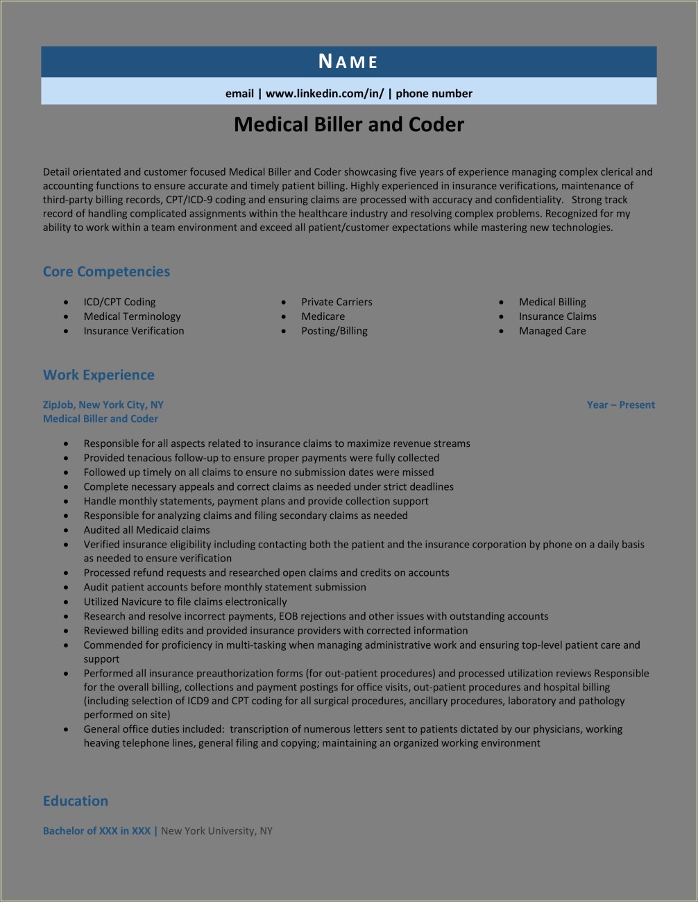 Sample Resume For Coding And Billing