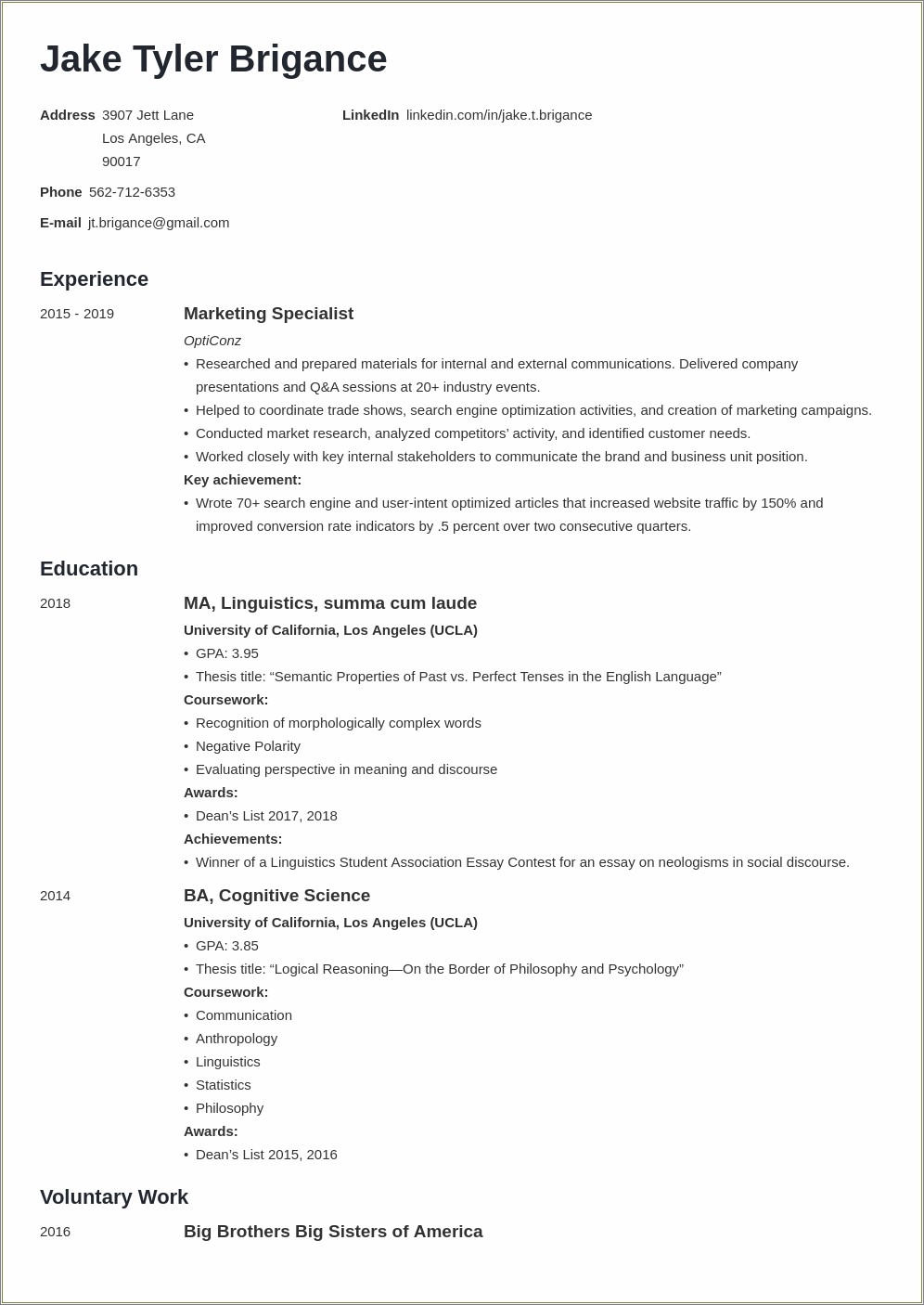 Sample Resume For College Undergrauate To Persue Law