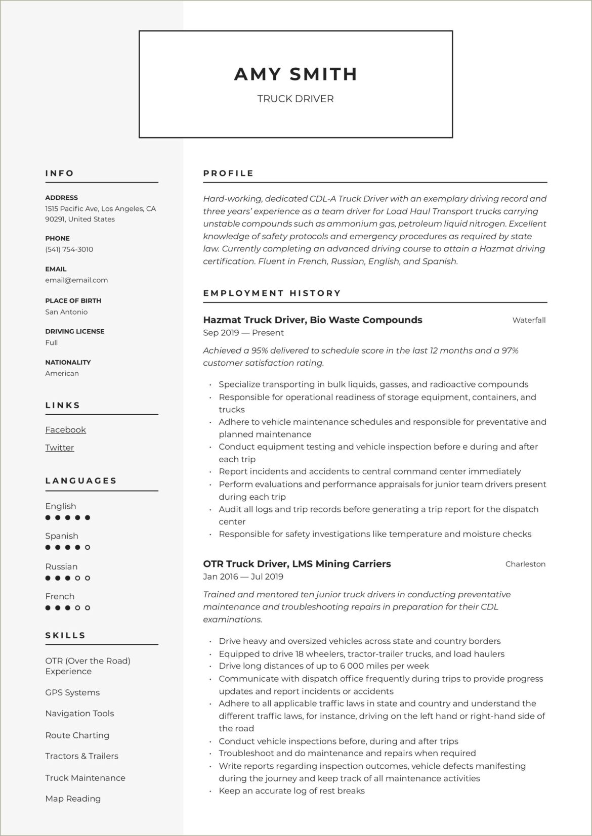 Sample Resume For Commercial Truck Driver