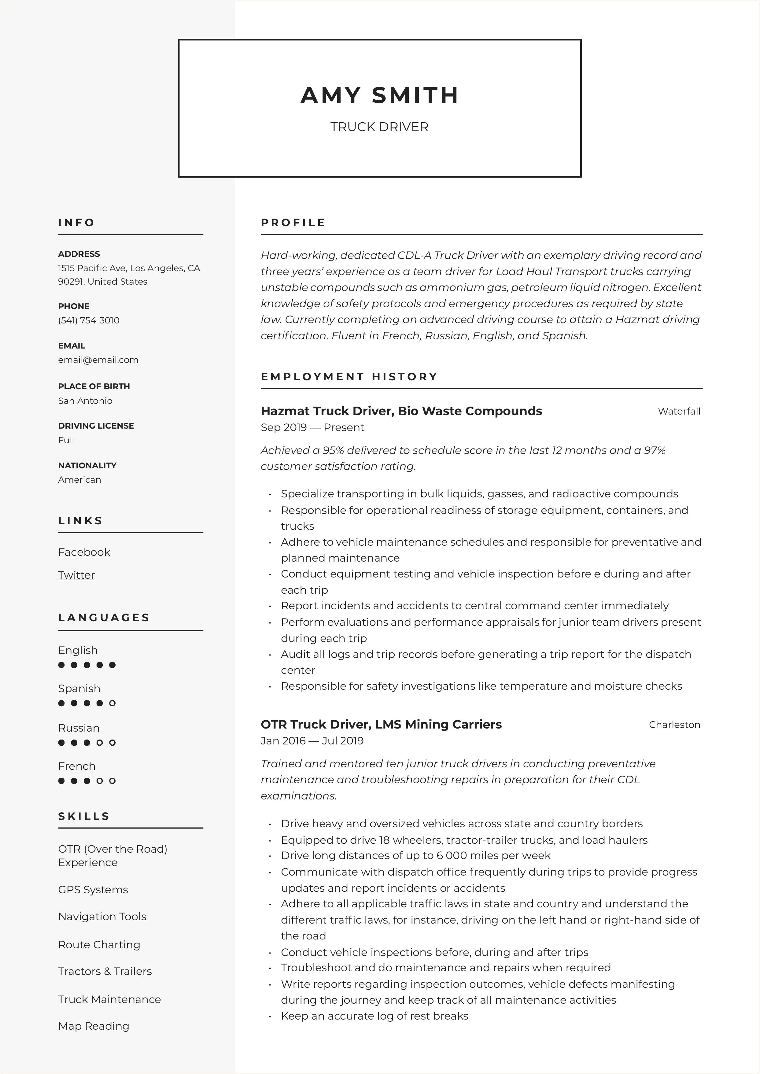 Sample Resume For Commercial Truck Driver