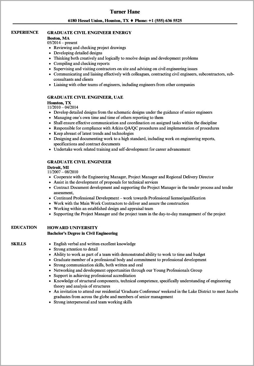 Sample Resume For Construction Engineering Graduate