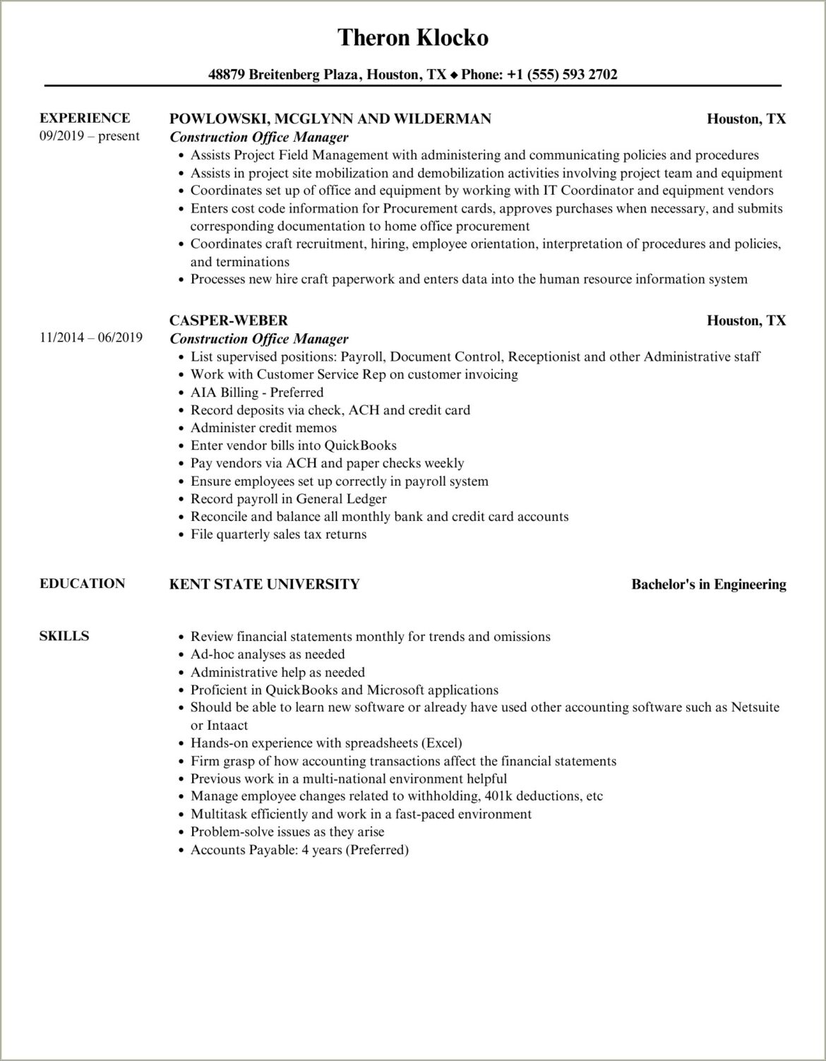 Sample Resume For Construction Office Manager