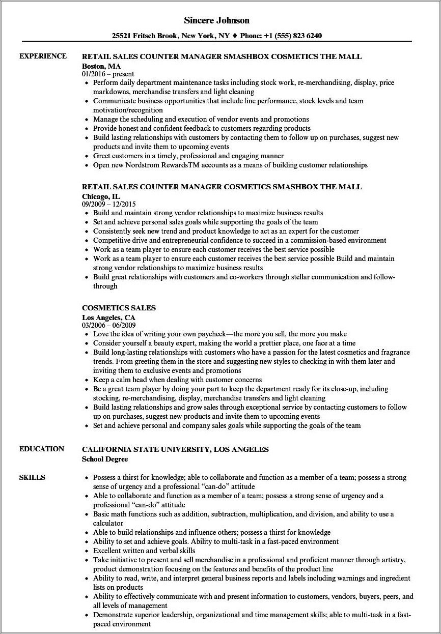 Sample Resume For Cosmetics Sales Associate