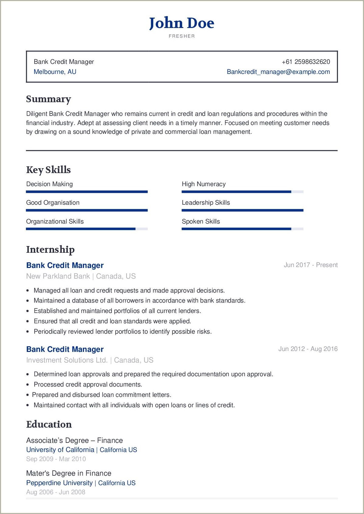 Sample Resume For Credit Manager In India