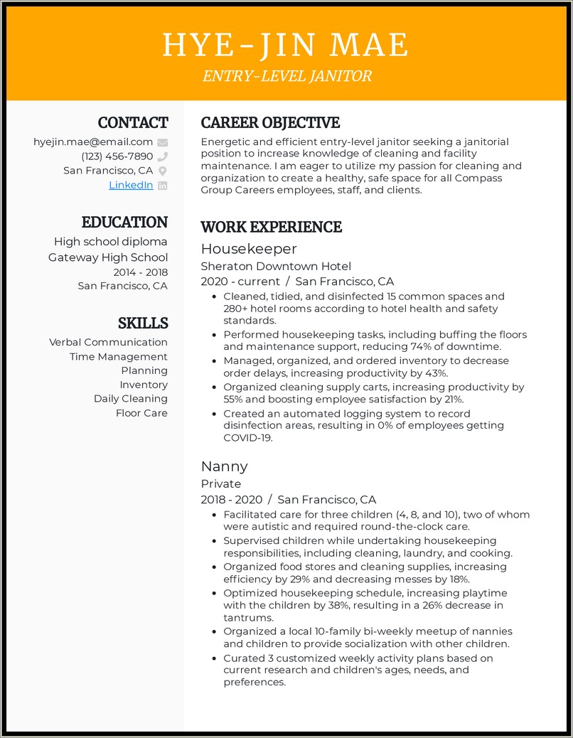 Sample Resume For Custodian With No Experience