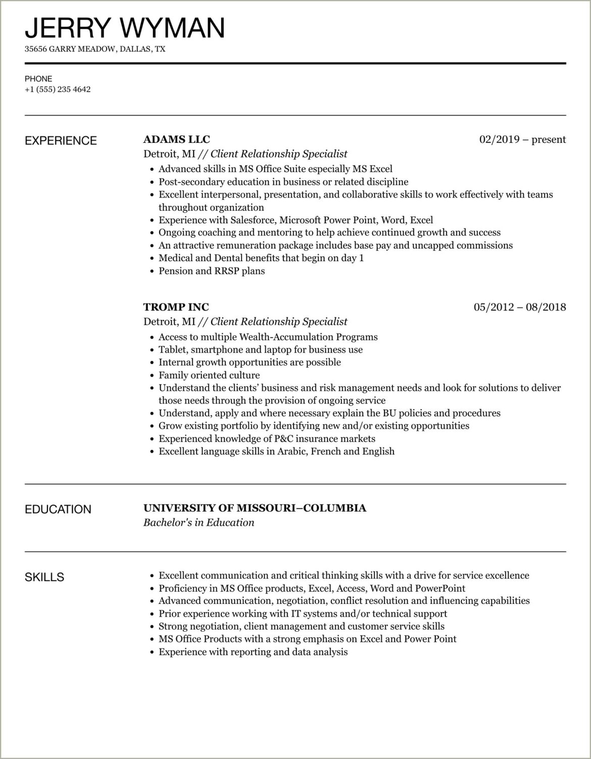 Sample Resume For Customer Relations Specialist