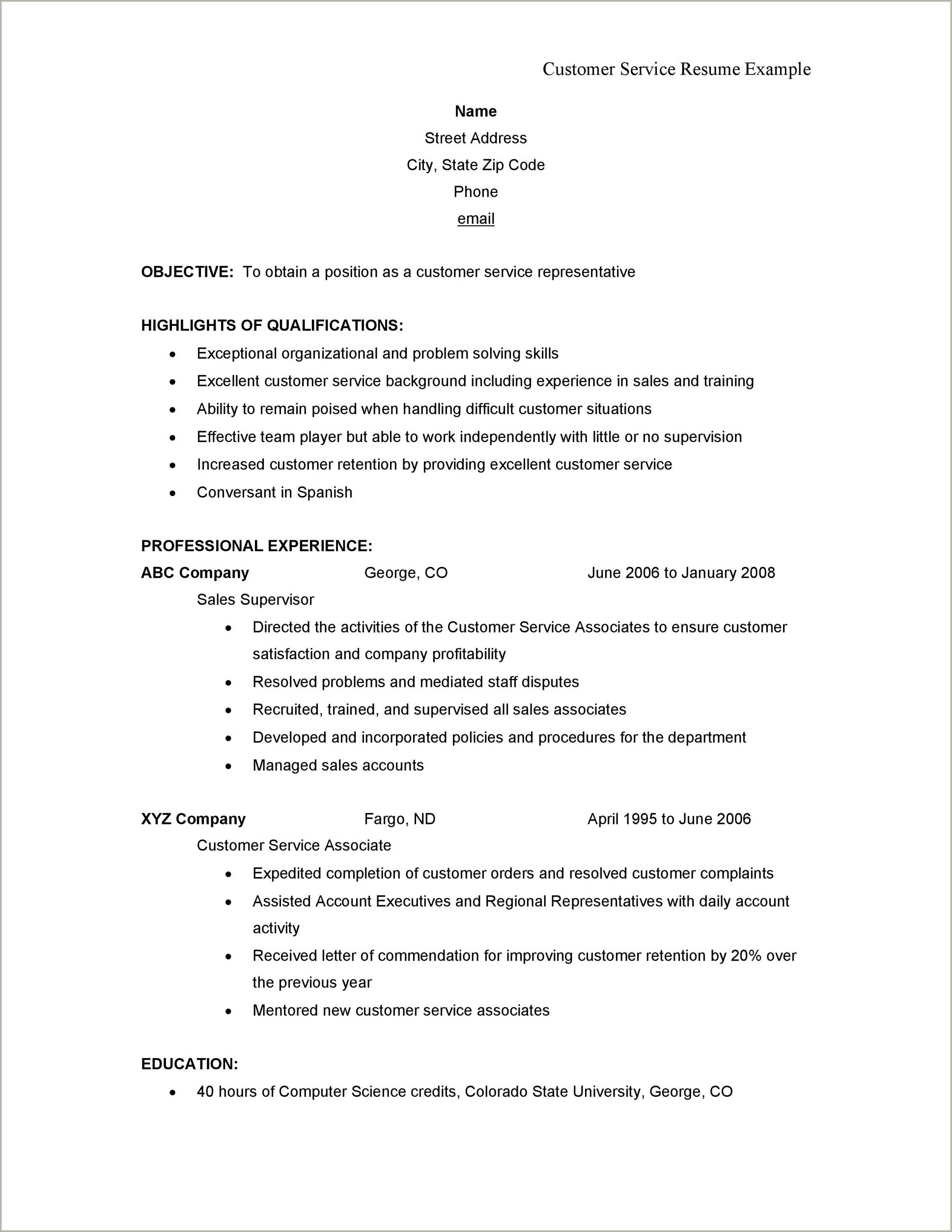 Sample Resume For Customer Service Representative No Experience