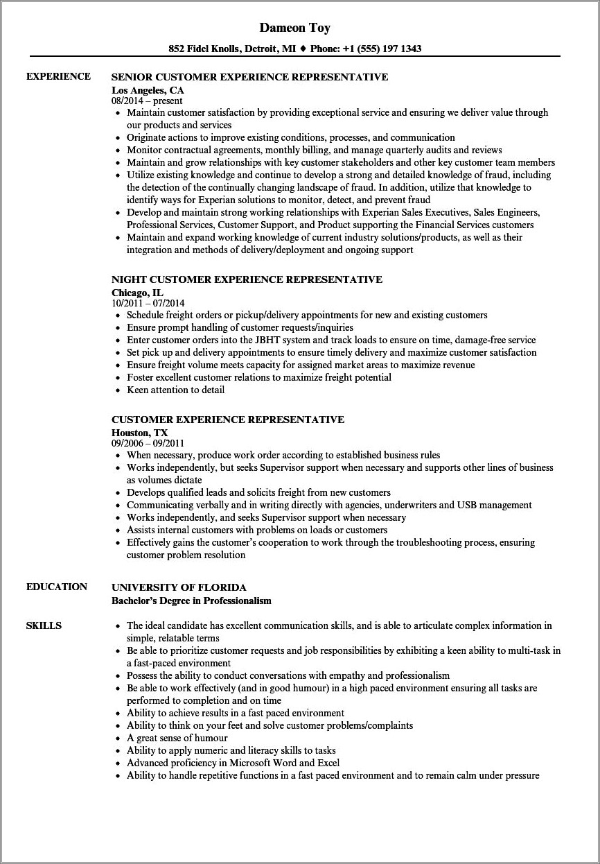 Sample Resume For Customer Service Representative With Experience