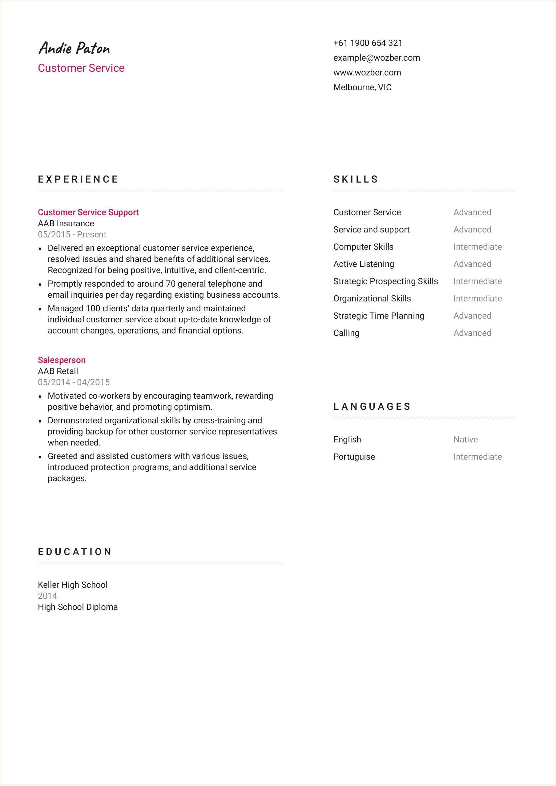 Sample Resume For Cutomer Seruvece Position