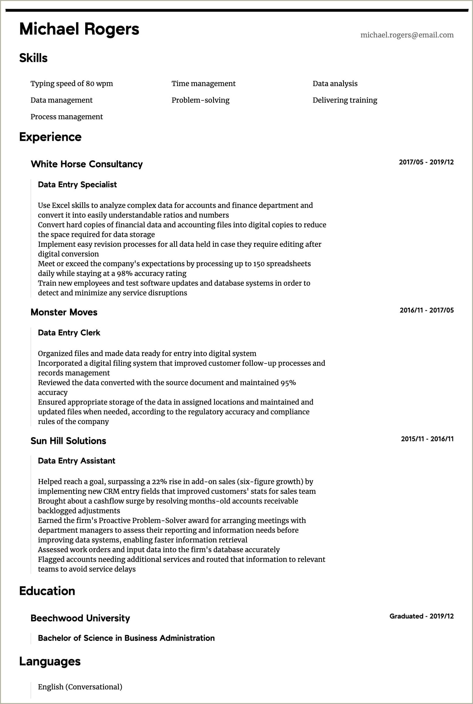Sample Resume For Data Encoder Position