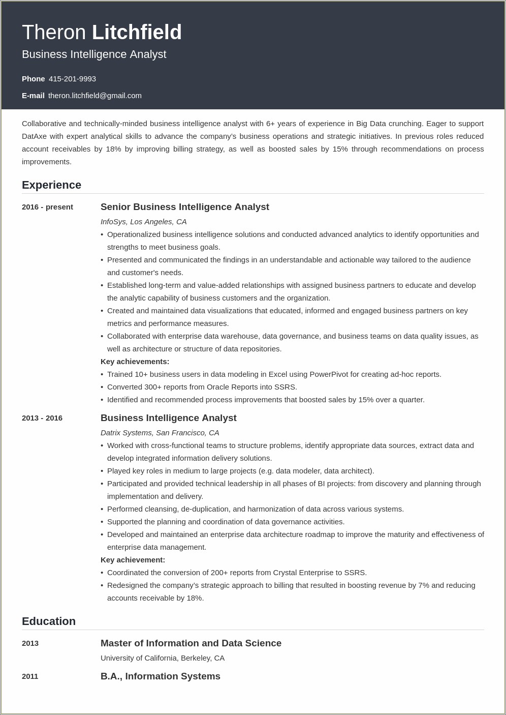 Sample Resume For Data Warehouse Analyst