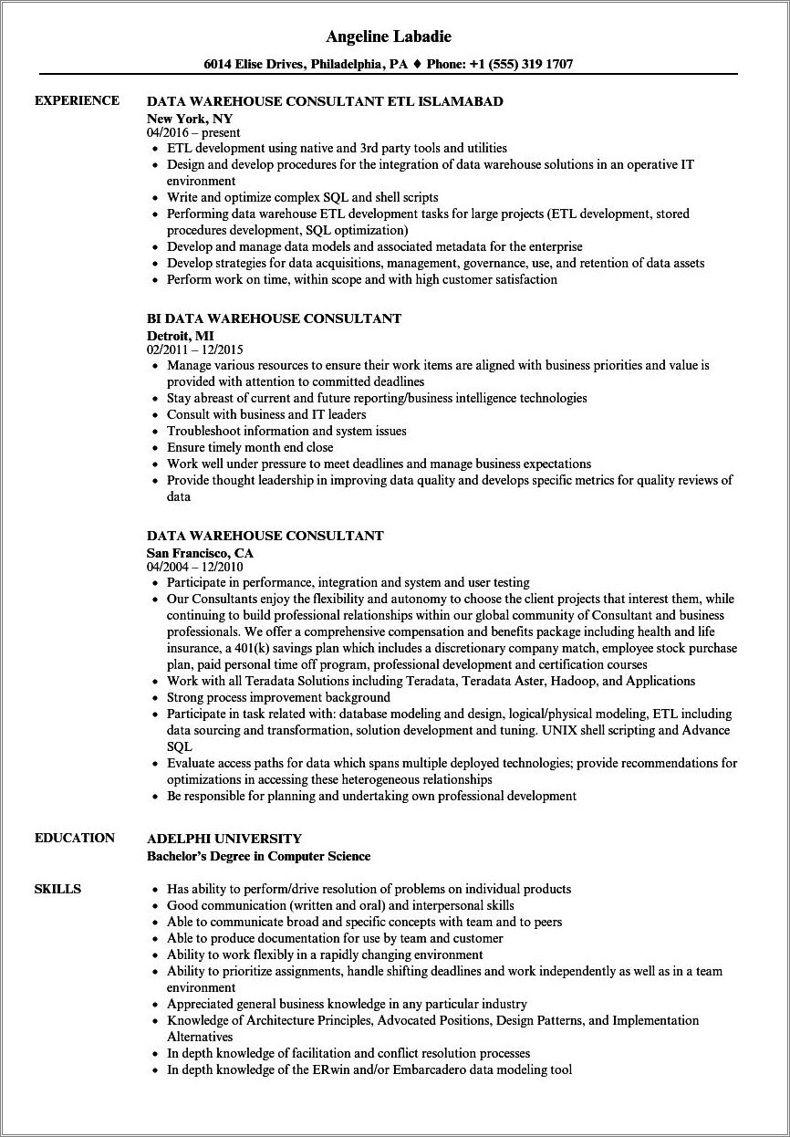 Sample Resume For Data Warehouse Professional