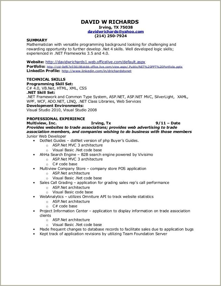 Sample Resume For Design Asp.net Mvc