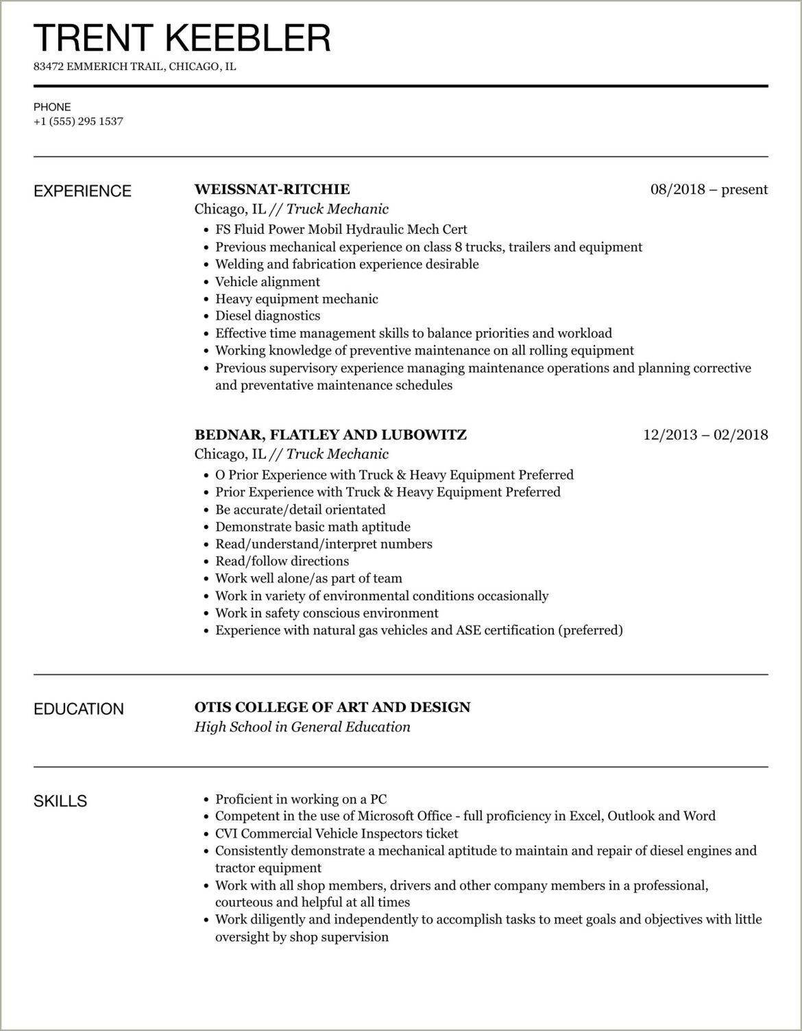 Sample Resume For Diesel Truck Mechanic