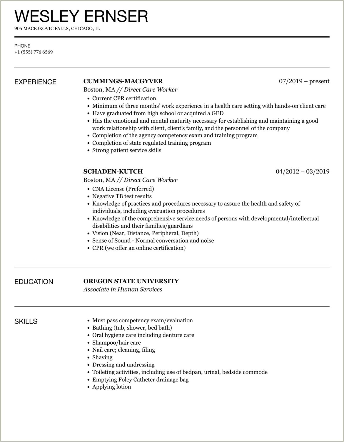 Sample Resume For Direct Care Professional