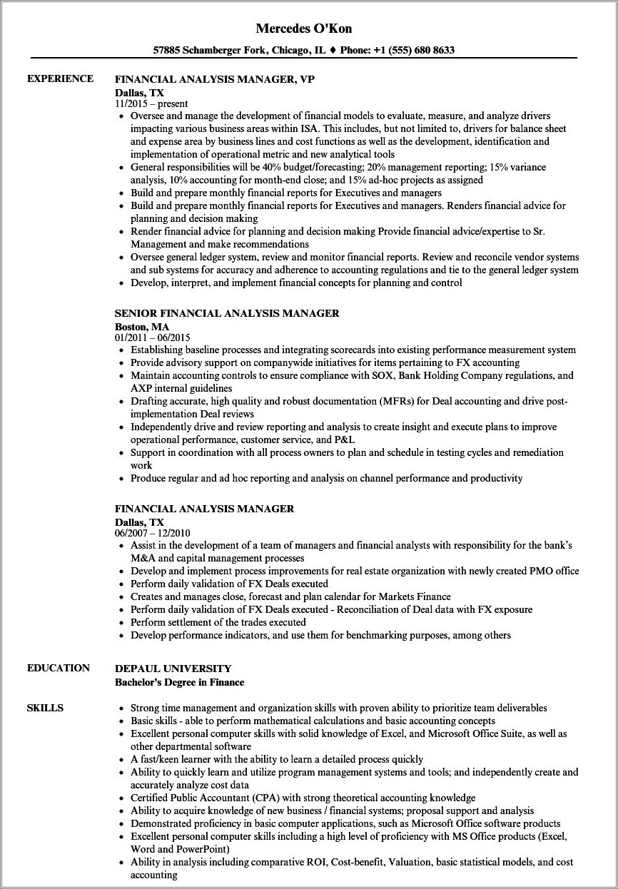 Sample Resume For Director Financial Planning And Analysis
