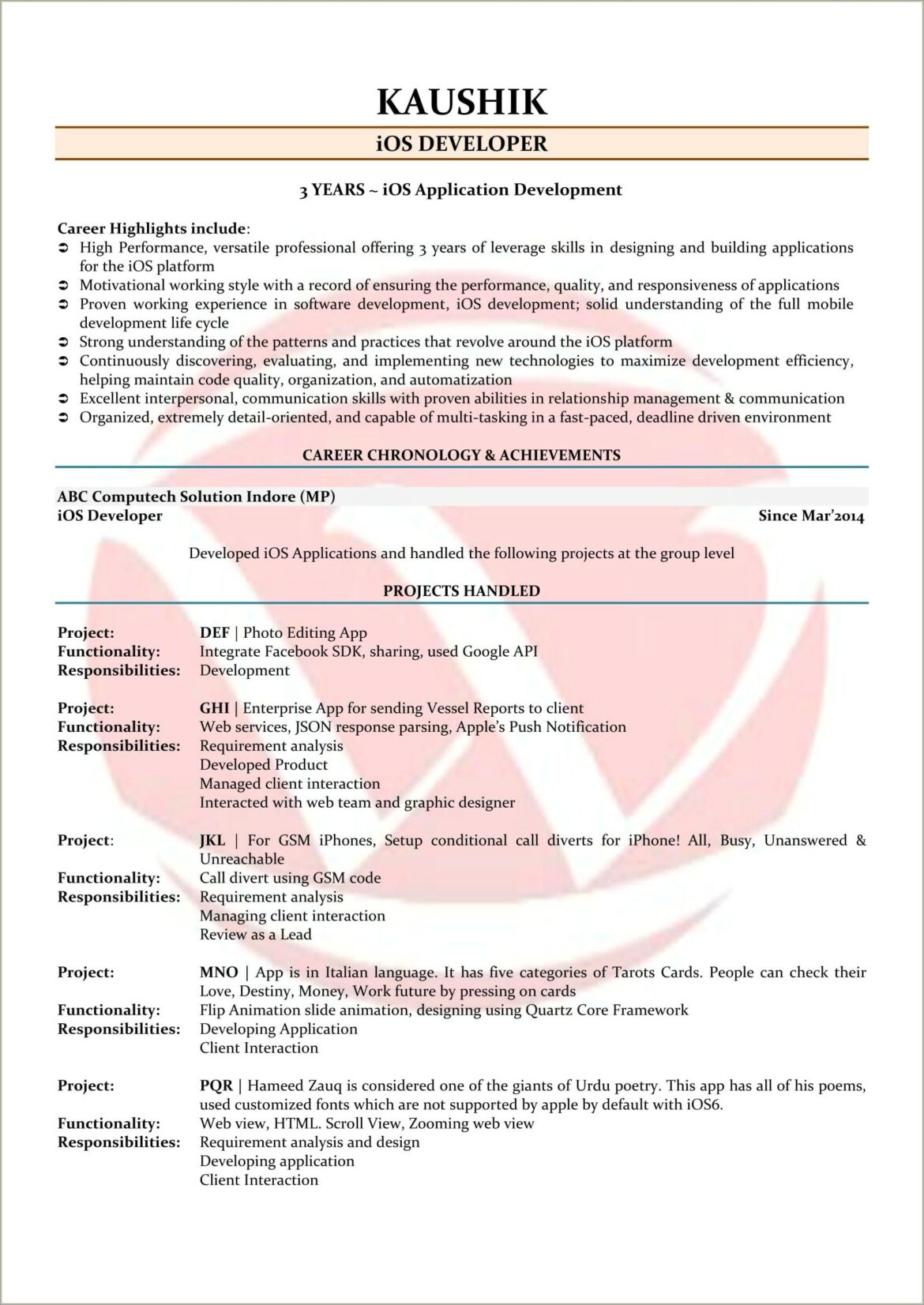 Sample Resume For Dot Net Programmer Fresher