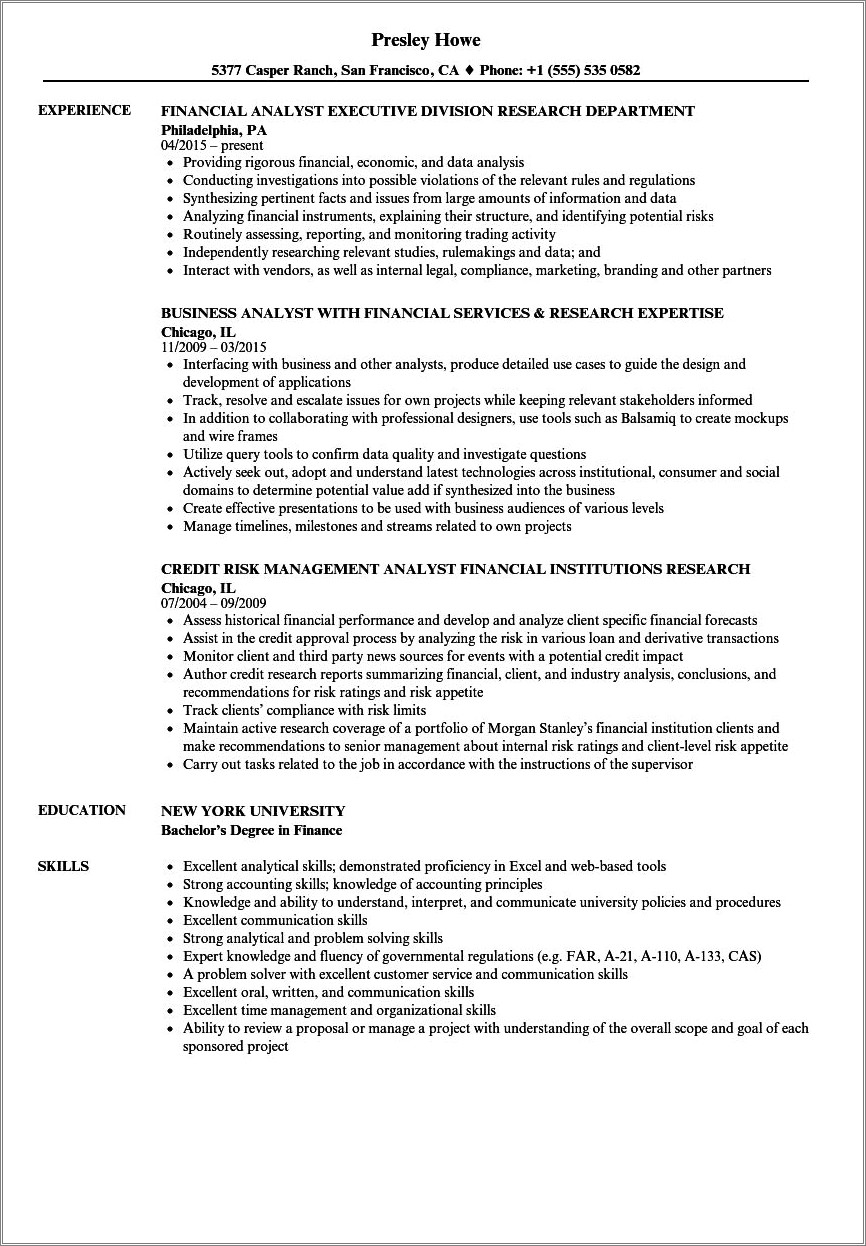 Sample Resume For Economic Research Analyst