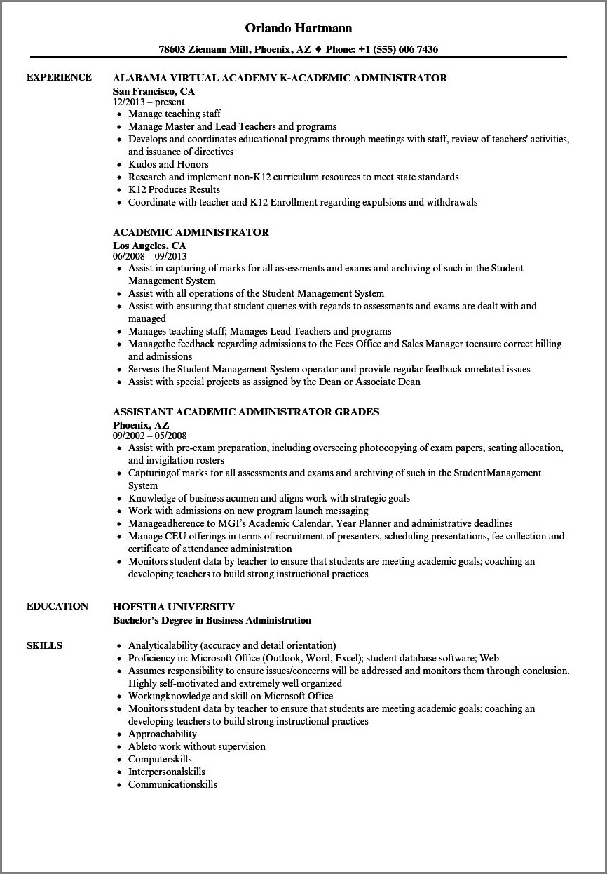 Sample Resume For Education Administrator Position