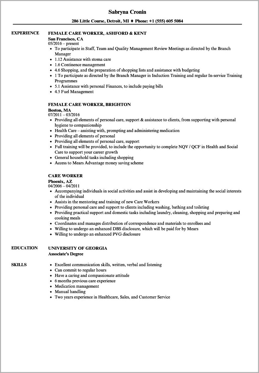 Sample Resume For Elderly Care Worker