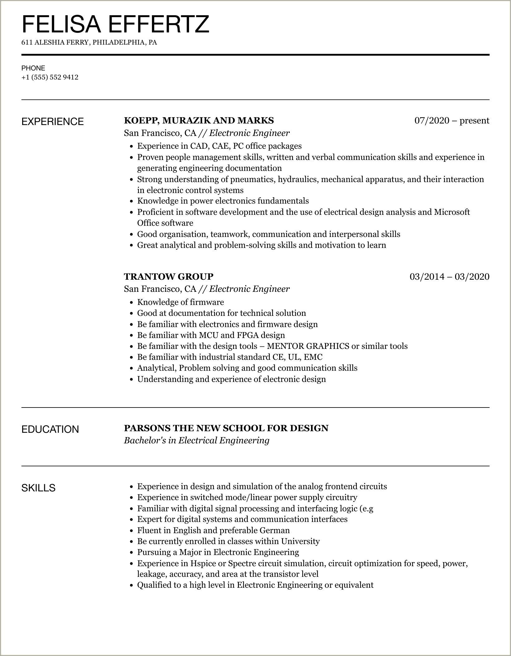 Sample Resume For Electrical And Electronics Engineer